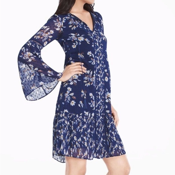 White House Black Market Blue Floral Bell Sleeve Boho Lined Dress New - Picture 2 of 9